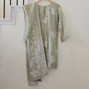 NEW 3 Pc Stitched Salwar Sz M Kurta Set Green Embroidered Straight Ethnic Wear